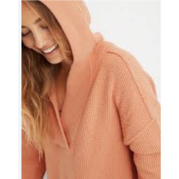 Aerie Cozy Up Waffle Knit Hooded Sweater Small Peach Thermal Oversized V Neck - Picture 2 of 10
